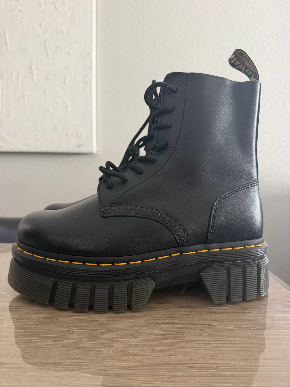 Dr Marten Black Platform Lace-Up Women's Boots with Yellow Stitching Size 7